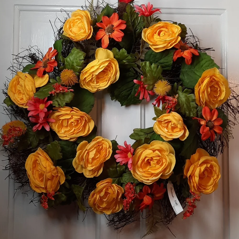Wreath Yellow Renunculas Silk Artificial Flower Indoor Outdoor Door Wall Decor